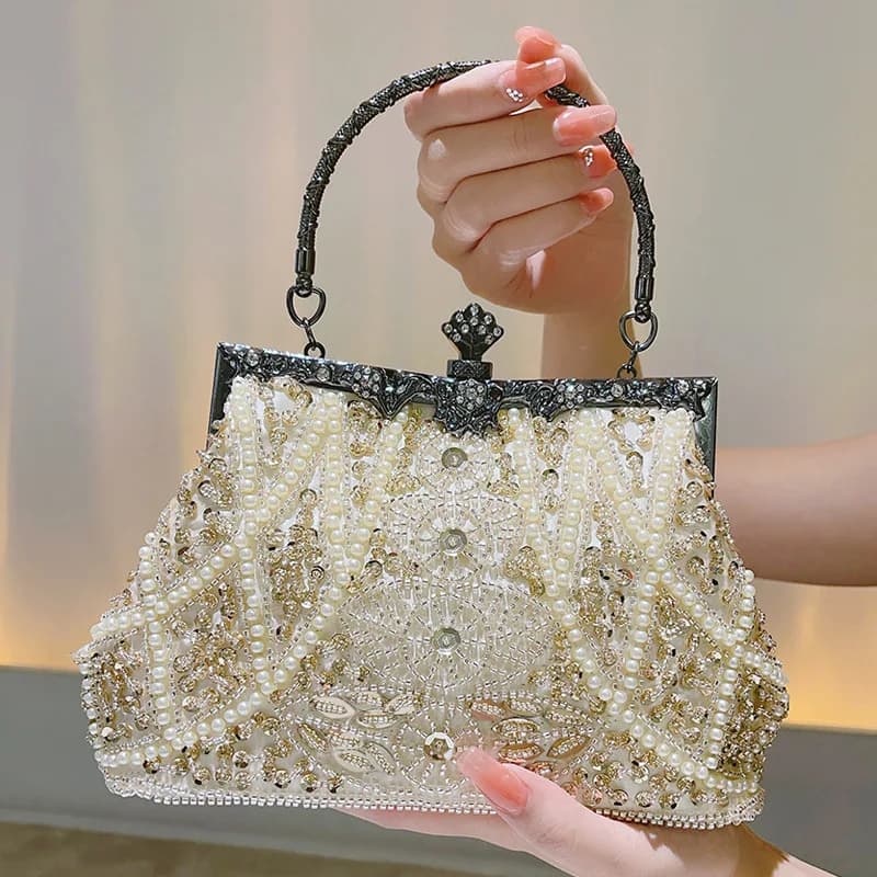 Pochette con chiusura a bacio con diamanti e perle finte, borsa da sera con manico floreale, borsa a tracolla con catena in metallo di lusso per eventi di cocktail party