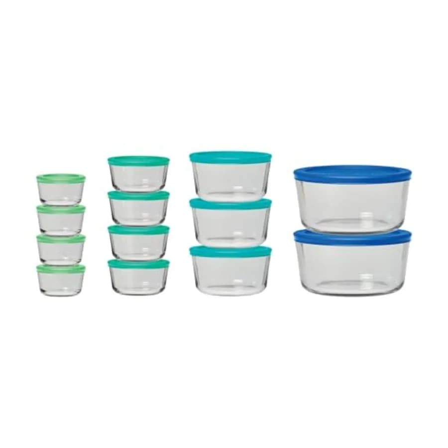 Containers for the preservation of glass food from 26 pieces with lids (13 containers for the preservation of glass food and 13 mixed blue SnugFit lids)