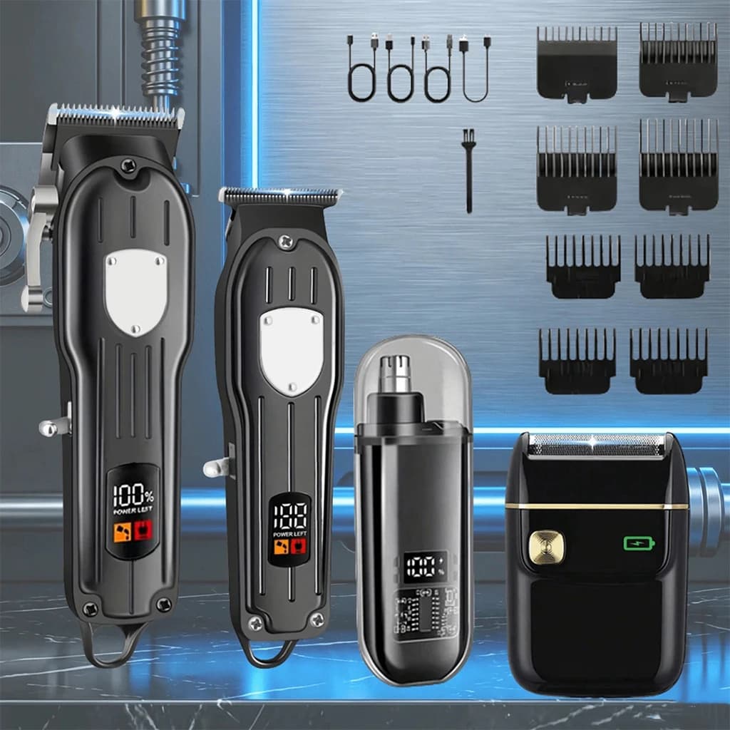 Professional Hair Clipper Set with LCD Display - Cordless Electric Foil Shaver, Nose Hair Trimmer & Beard Trimmer, USB Rechargeable Men's Grooming Kit with 8 Guide Combs