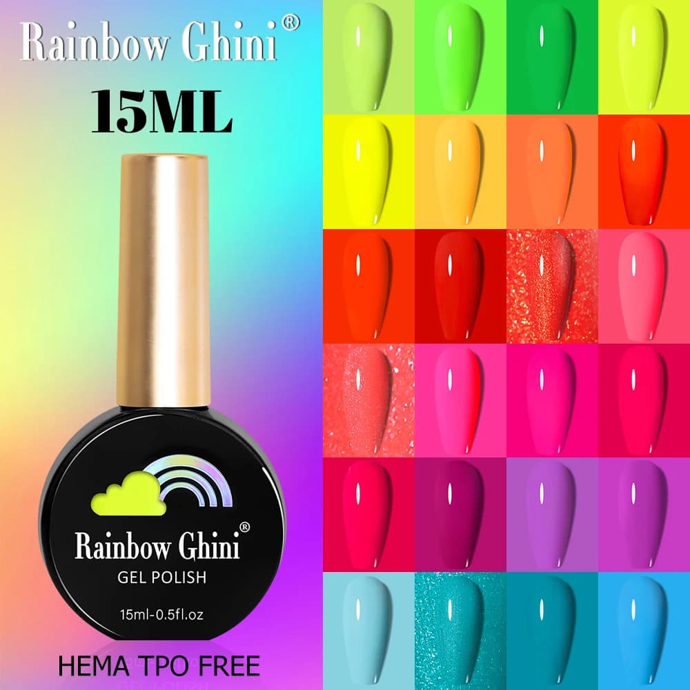 Rainbow Ghini 15ml Smalto per Unghie Giallo Verde Neon Brillante Fluorescente Estivo Lunga Durata Soak Off Gel Vernice Senza HEMA/TPO