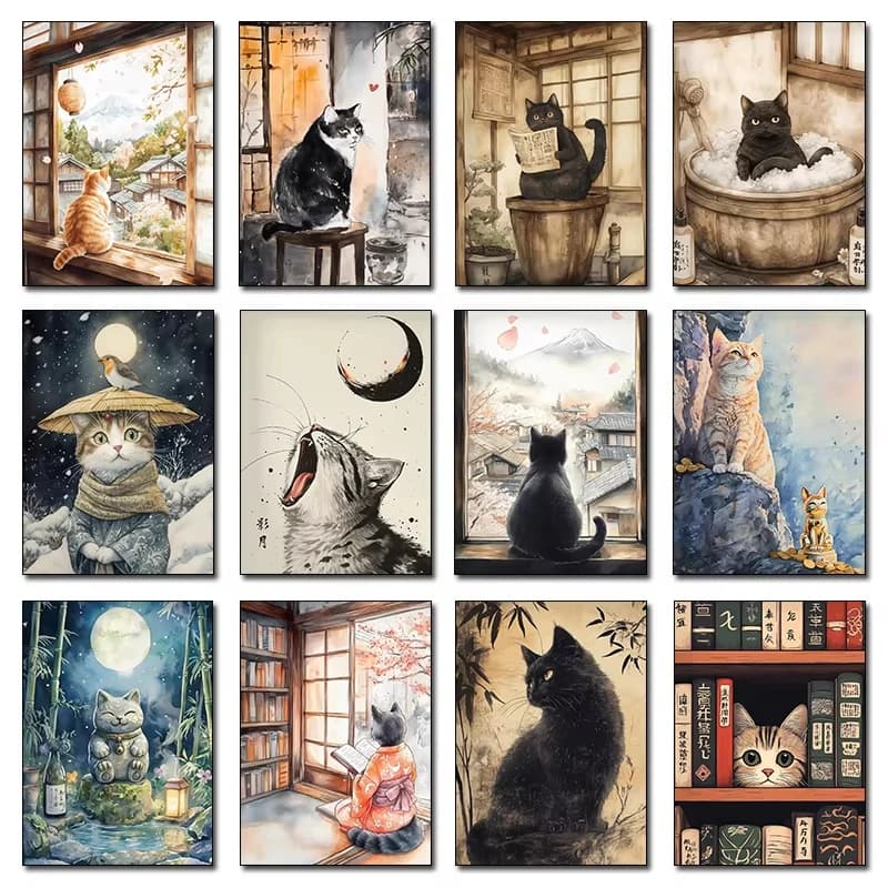 50X70CM Adult 1000PCS Paper Jigsaw Puzzle Japanese Black Cat Bathing Moon Lucky Cat Stress Relief Entertainment Children Toy