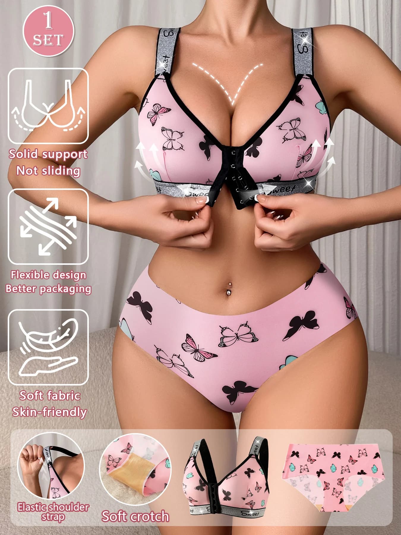 1 set di biancheria intima da donna con bottoni frontali rosa, spalline allargate senza reggiseno con anello in acciaio e biancheria intima senza cuciture