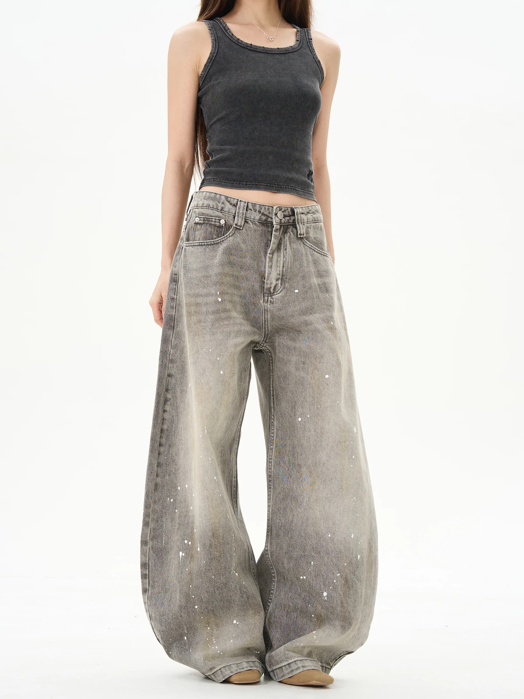 Retro American High Street Splashed Ink Jeans Loose Wide Leg Knife Design Men's Trendy Women's High Waist Long Pants