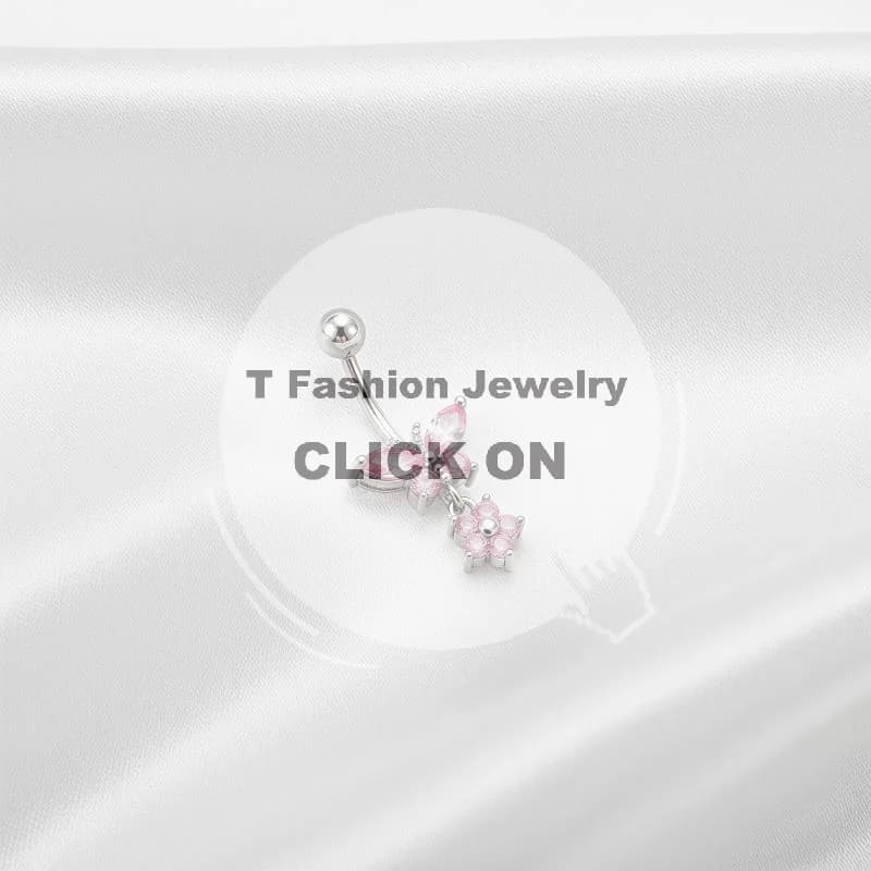 Pink Heart Butterfly Long Pendant Belly Button Ring 1Pcs Rust-free Stainless Steel for Women Birthday Gift Daily Wear Use