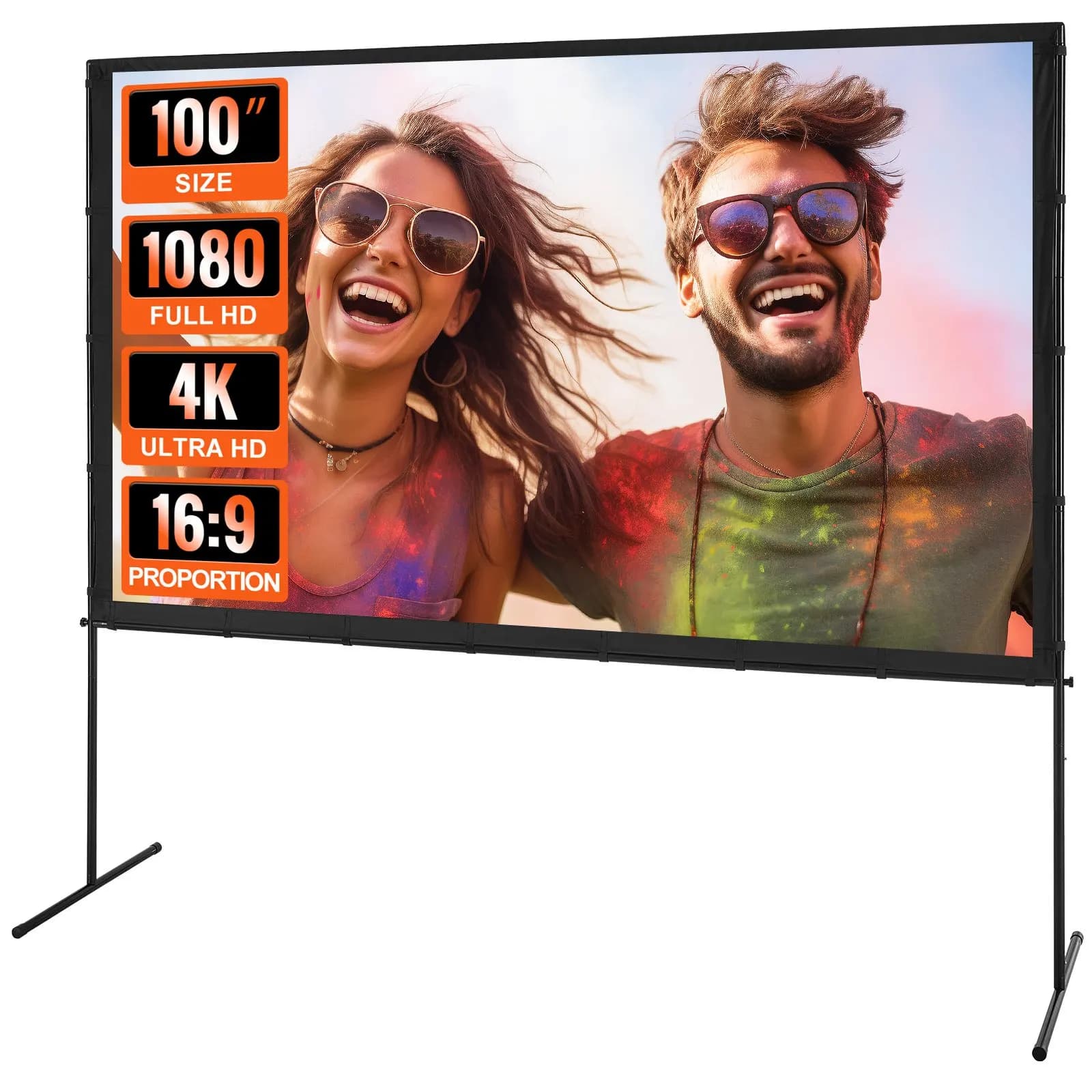 Schermo per Proiettore con Supporto, 100 Pollici 16:9 4K 1080 HD, Schermo per Proiezione Esterna con Supporto, Schermo Anti-Piega con Barra