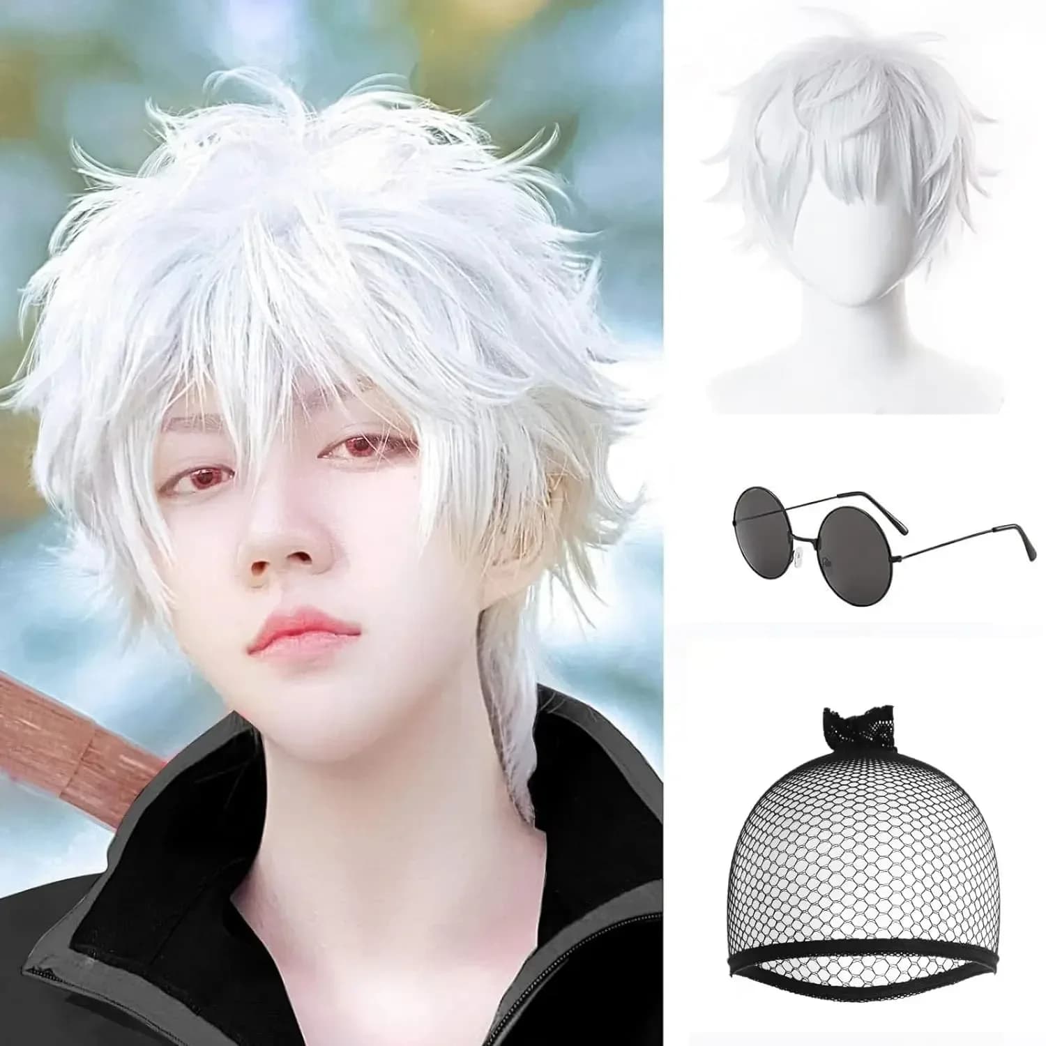 2026Wig with Glasses Short Straight Anime Gojo Cosplay Jujutsu Kaisen Cosplay Silver Cosplay Wig for Men Halloween Costume