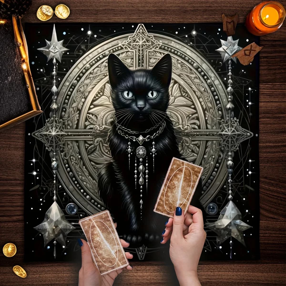 1pc Cat Pattern Tarot Game Tablecloth, Crystal Decor Altar Cloth for Oracle Card Game, Witch Home Essential Decor