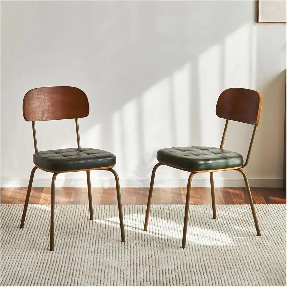 Set of 2 padded dining chairs, seats with Century style leather cushions, metal legs, wooden backrest, stackable for easy mounting