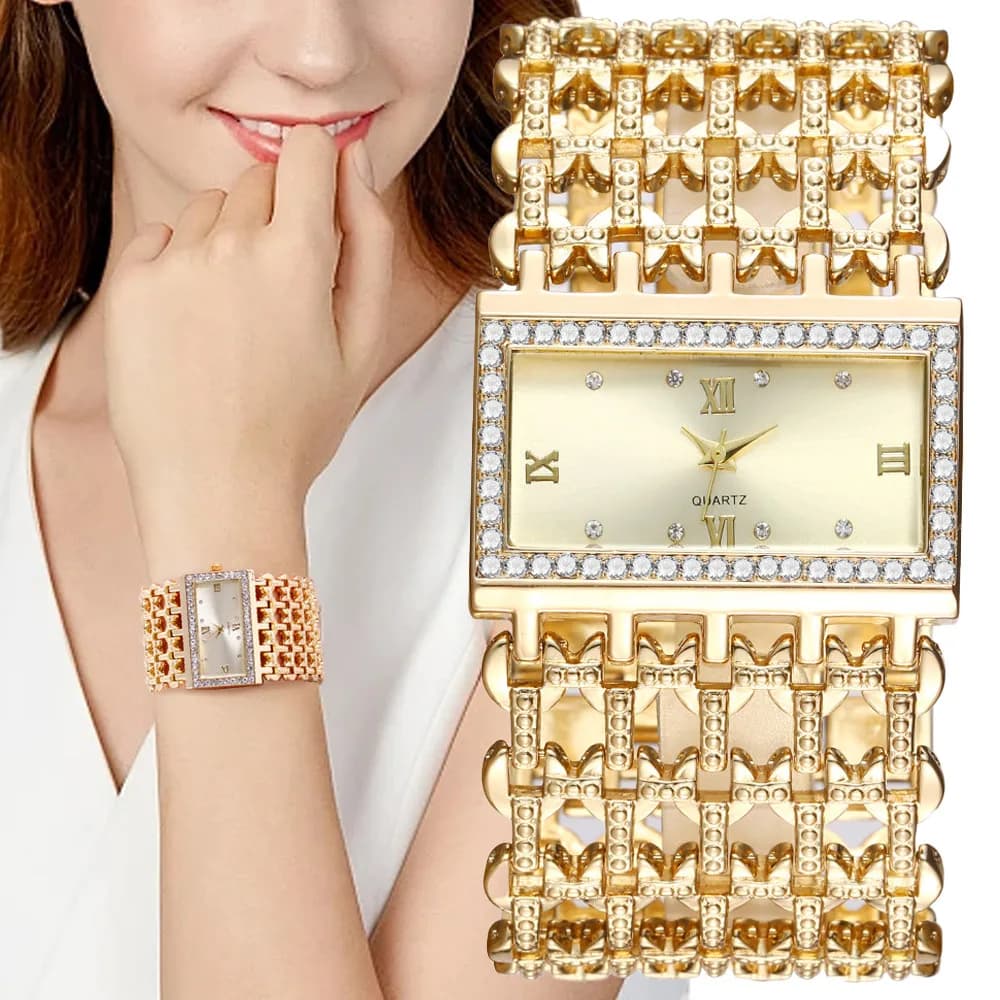Orologio da donna di lusso con diamanti semplici, bracciale quadrato, orologi al quarzo, orologio da donna con scheletro in acciaio inossidabile dorato alla moda