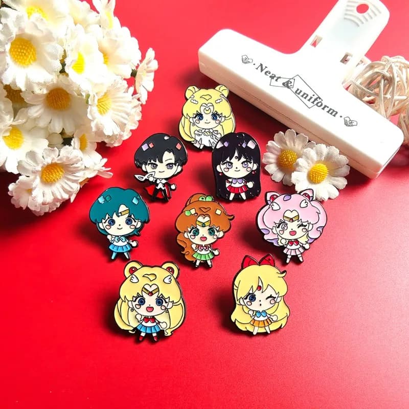 8pcs Cute Classic Anime Girl Warrior Series Broochs Water Ice Moon Rabbit Badges Clothes Student Backpack Decoration Accessories