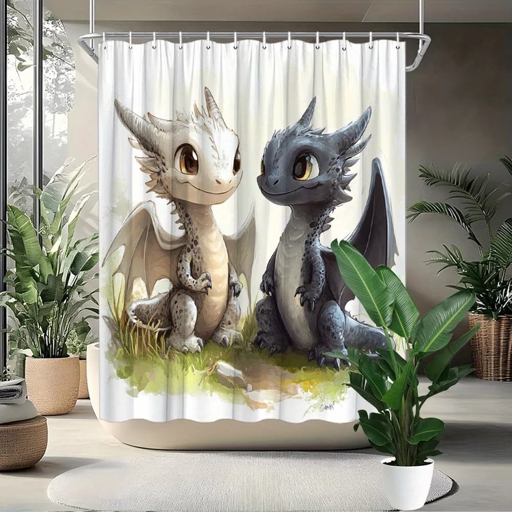 Watercolor Cute White And Black Baby Dragon Grass Print Shower Curtain Waterproof Mildew Resistant Polyester Fabric With 12 Plas