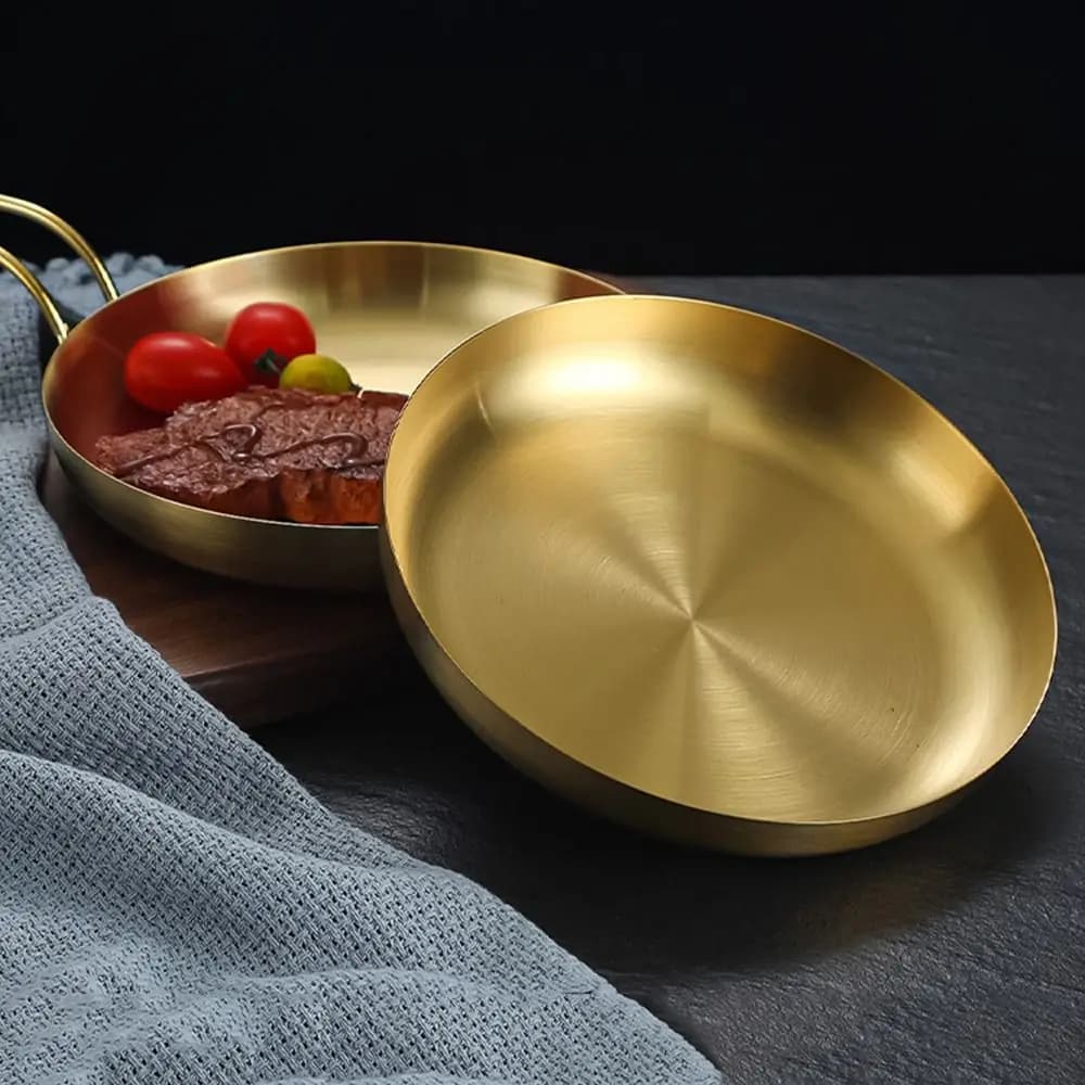 Multi-functional 18/20cm Stainless Steel Frying Pan Flat Bottom Handled Serving Plate Rust-proof Round Steak Skillet Barbecue