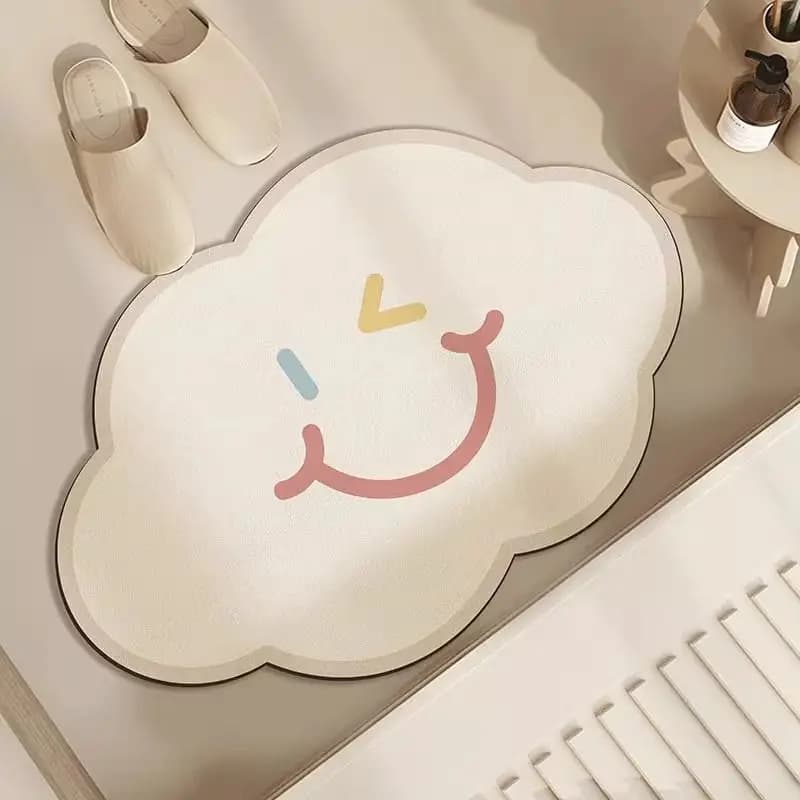 VIKAMA Minimalist Smiley Face Floor Rug Irregular Cloud Edge Quick Dry Non Slip Mat Window Sill Girls Bedroom Decor Carpet