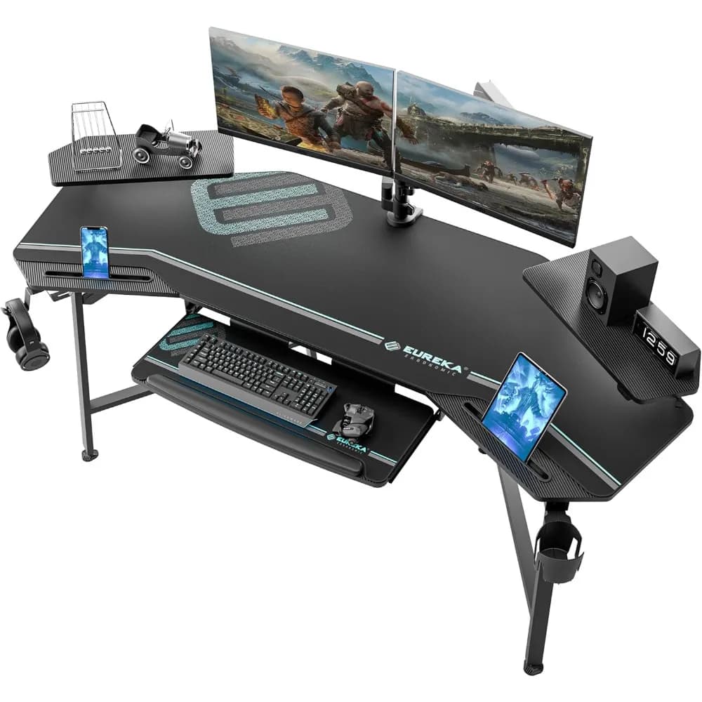 scrivania da gioco aerodinamica con luci a led, scrivania da studio grande a forma di ala da 72 pollici con vassoio per tastiera supporto per monitor doppio gancio per cuffie tazza hol