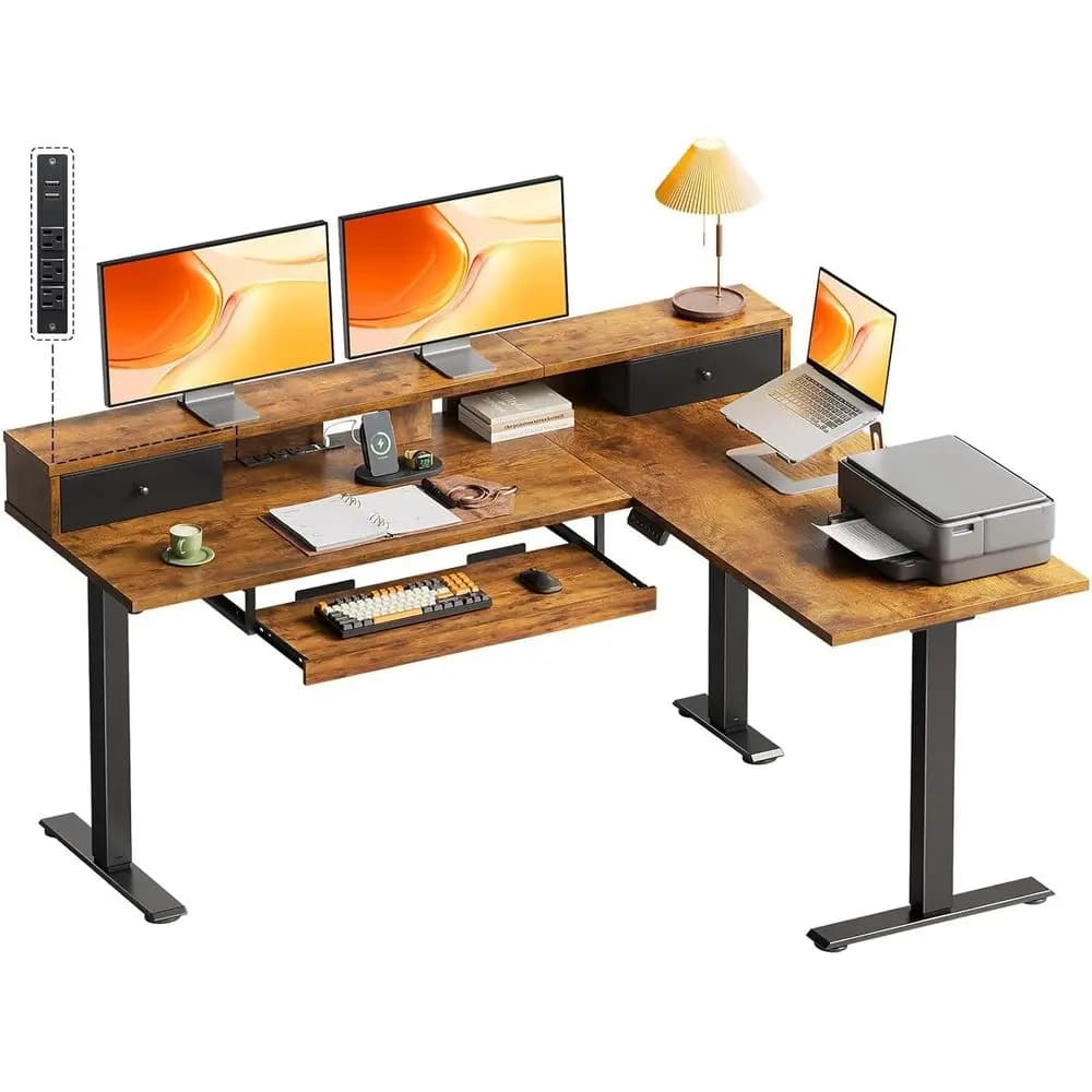 Scrivania elettrica a L da 59 pollici con ripiani, scrivania per computer regolabile in altezza con vassoio per tastiera e supporto per monitor, scrivania regolabile in altezza