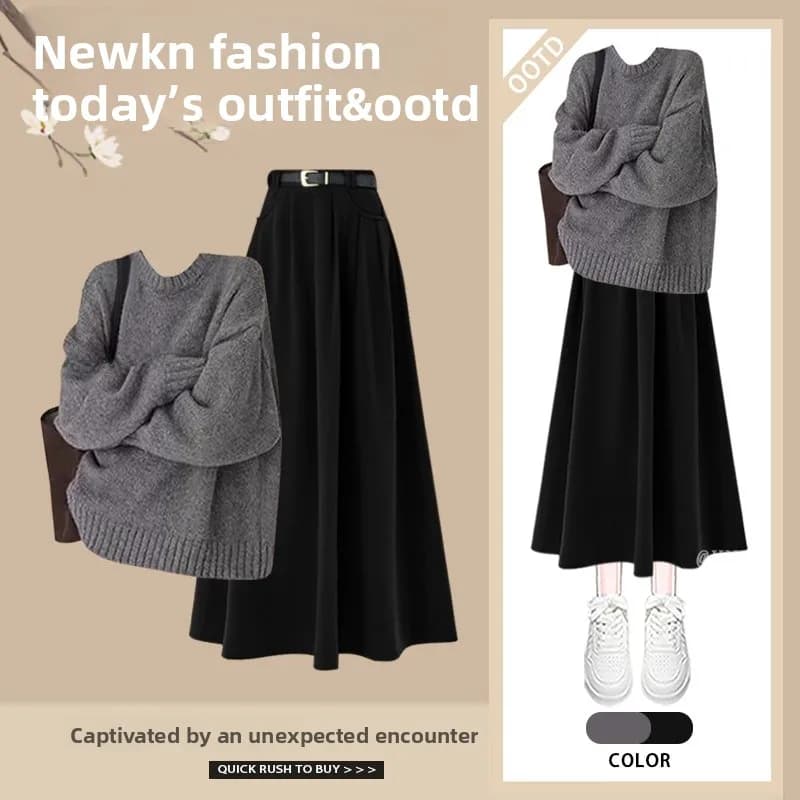 Elegante Completo Due Pezzi da Donna Autunno Inverno: Maglione Lavorato a Maglia e Gonna a Vita Alta Modellante, Stile Casual Grigio di Alta Moda per Adulti