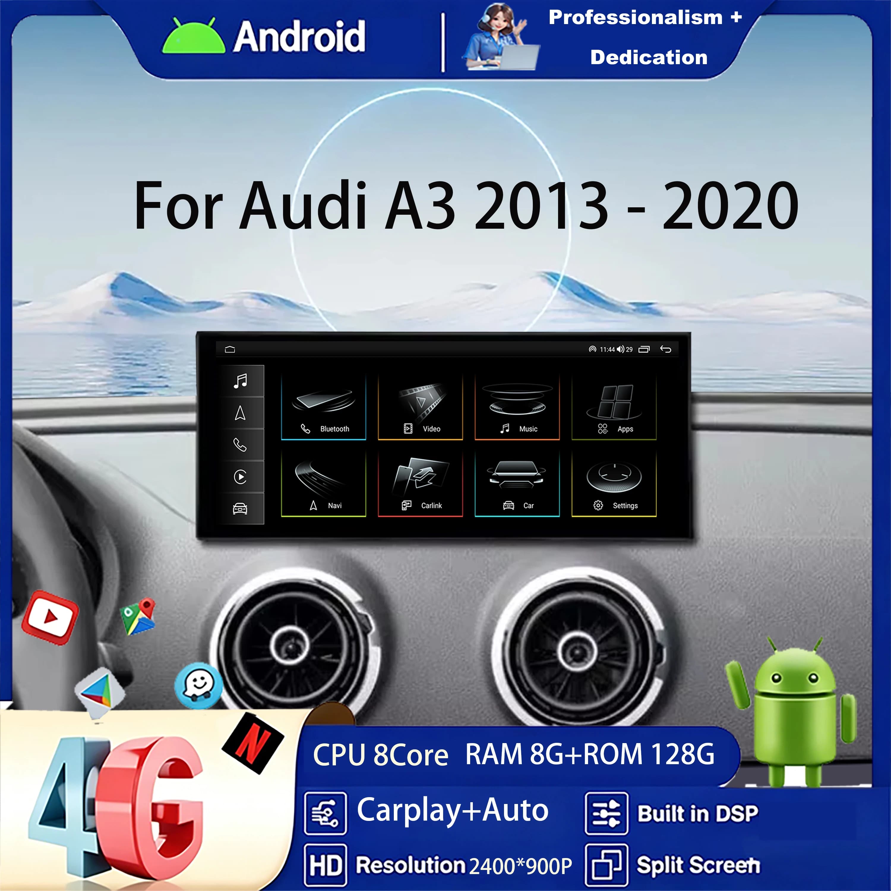 Autoradio GPS per Audi A3 2013 - 2020 Lettore Multimediale Audio Video Carplay Wireless Android 16 DSP Stereo 4G WIFI Schermo QLED