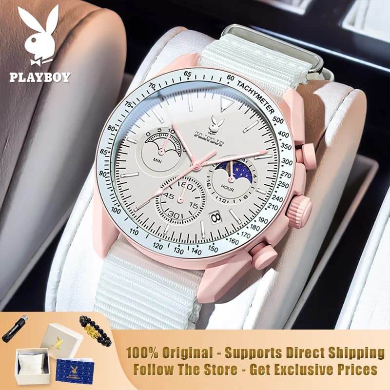 PLAYBOY 3508 Orologi originali e autentici di marca per uomo, confezione regalo di lusso, cinturino in nylon, orologio da uomo al quarzo multifunzionale