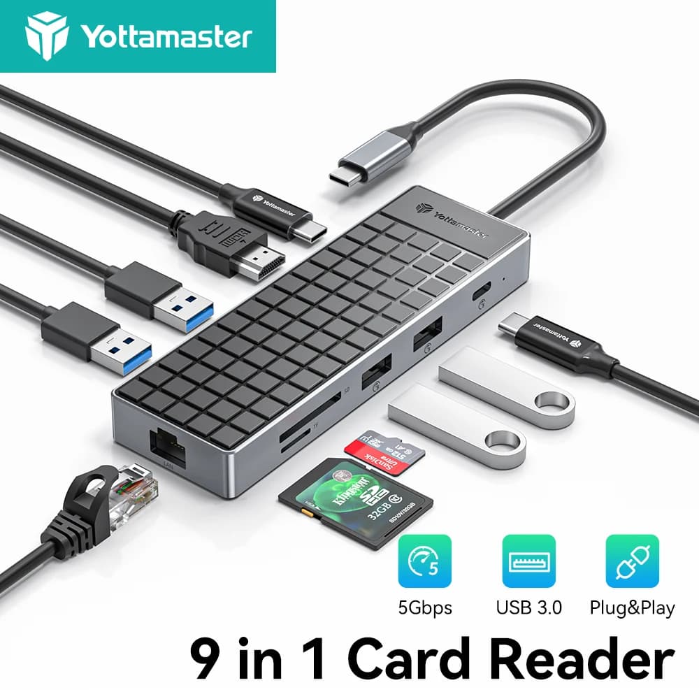 Hub USB C Yottamaster con Ethernet 1000Mbps, Ricarica PD100W, HDMI 4K, USB 3.0, Lettore di Schede SD/TF, Docking Station per MacBook e Windows