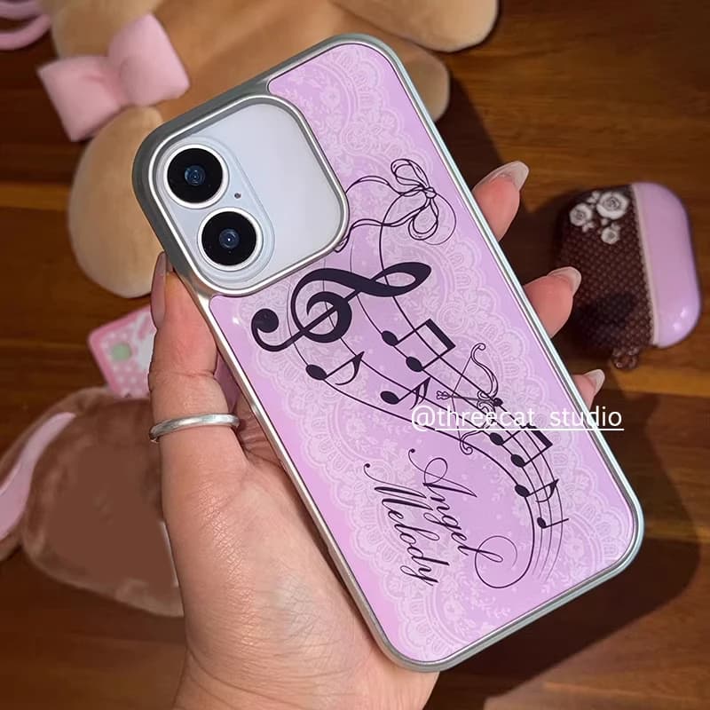 Korean Phone Case Ins Angel Rosa with Pizzo, Romantic Music Notes, Carina Y2K, with Drop Collar for iPhone 17 16 15 14 13 12 11 Pro Max Plus