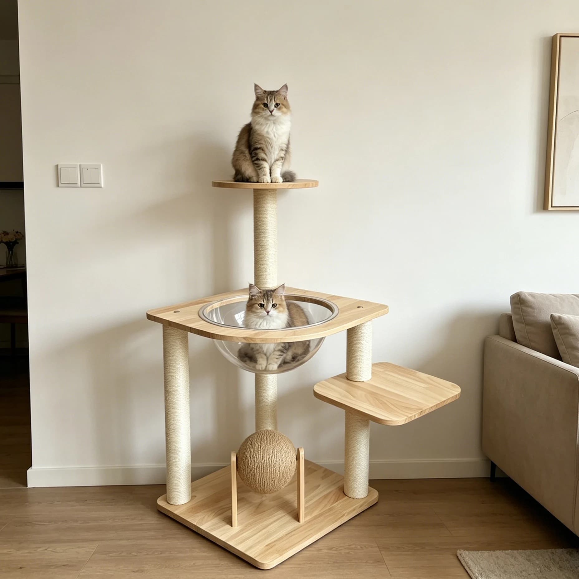 Minimalist Modern Wooden Cat Tree Compact Multi-level Design Cat Toy Resting Hideout Home Furniture Simple Assembly For Living