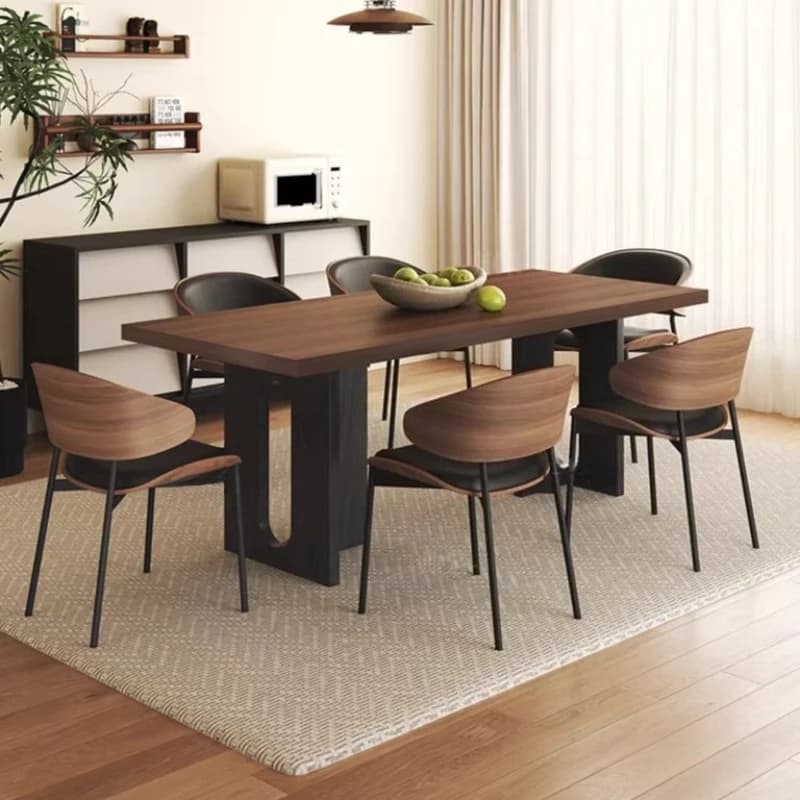 Set tavolo da pranzo e sedie in stile medievale italiano in noce e roccia, tavolo da pranzo rettangolare moderno e minimalista, gambe a forma di T