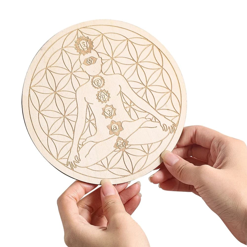15CM Laser Engraving 7 Chakra Meditation Patanjali Yoga Energy Flower of Life Sub-glass Round Wood Carpets for Cups Wiccan Divination Prop