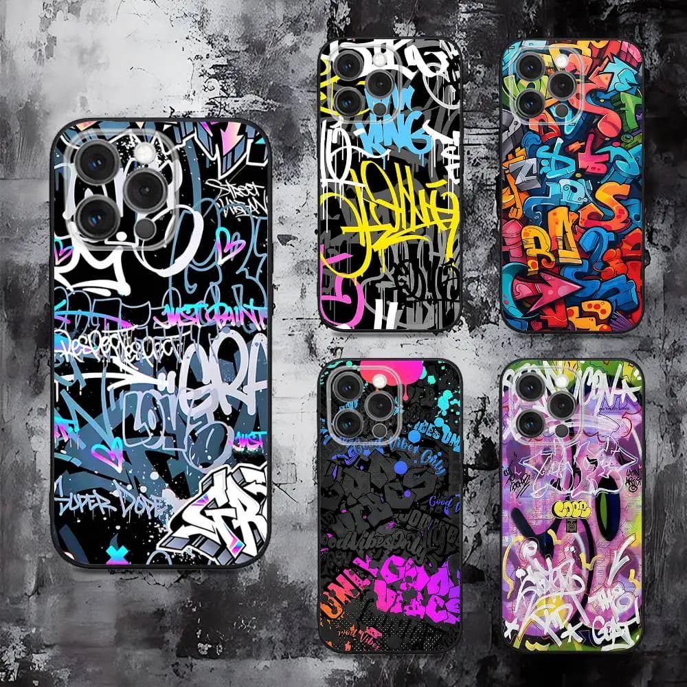 Cool Colorful Graffiti Phone Case For iPhone 16,15,14,13,12,11,Pro,Max,Plus,X,XS,SE,E,Mini,Soft Silicone Black Case