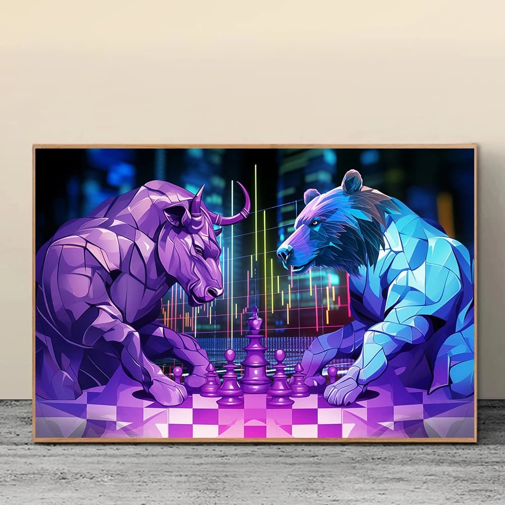 Orso toro bianco nero che gioca a scacchi mercato azioni scacchi poster tela pittura stampa per soggiorno decorazione della parete di casa