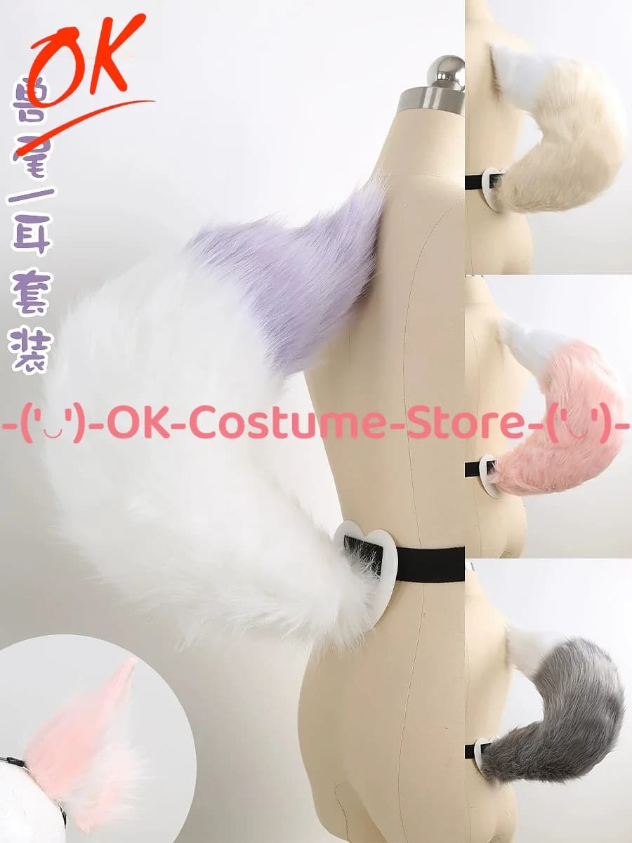 Faux Fur Fox Ears and Tail Set Poseable Beast Ears Cosplay Costume with Skeleton 3D Realistic Animal Tail Belt Halloween Party