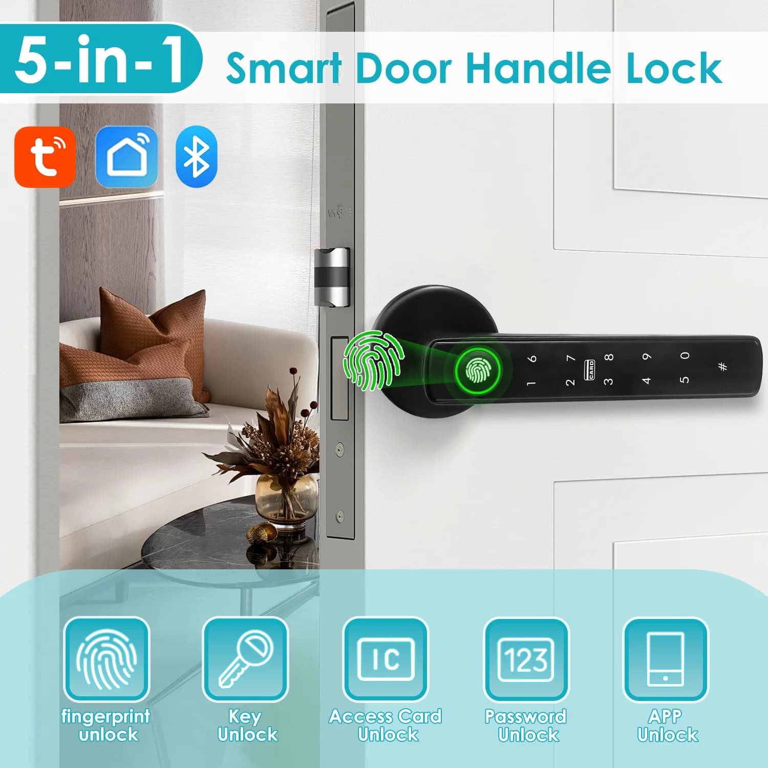 Tuya 5 in 1 Smart Digital Electronic Door Lock Impronta digitale Password Card Smart Life Sblocco remoto Maniglia Home Hotel Appartamento