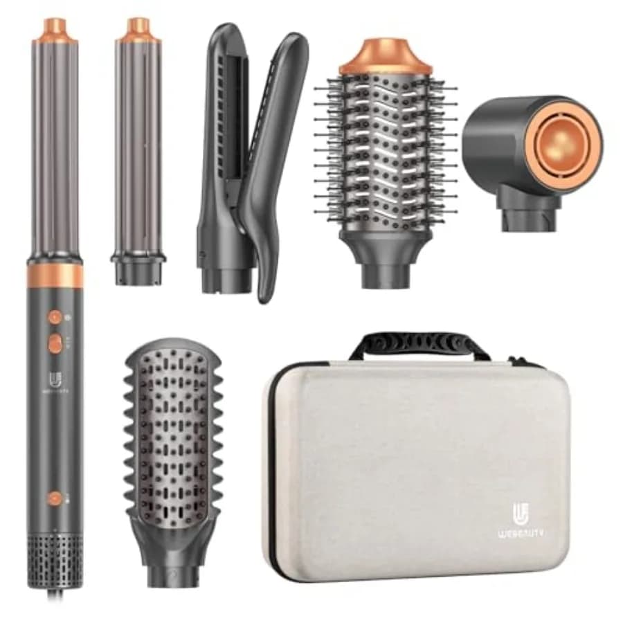 Spazzola Asciugacapelli Air Styler: Strumento Multifunzione Ionico 7 in 1 a Doppio Voltaggio con Piastra ad Aria Calda e Arricciacapelli Automatici Anti-Crespo