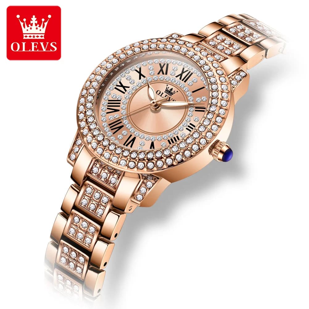 Olevs 9943 Orologio al quarzo da donna Quadrante con numeri romani Texurato Bracciale con diamanti bianchi Impermeabile luminoso per orologio da polso di lusso femminile