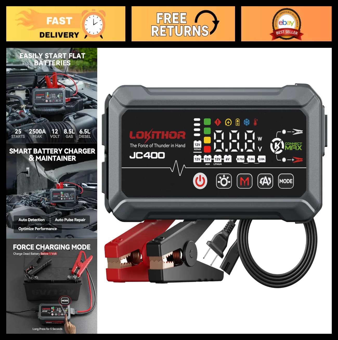 Avviatore di Emergenza Portatile 9-in-1 e Caricabatterie, 2500A per Auto, Benzina/Diesel, 6V/12V