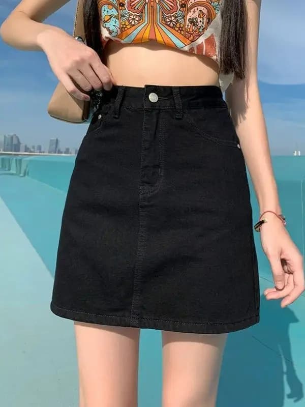 High Waist A-Line Skirt Women's Denim ort Skirts Summer Korean Sle Slimming Bla Jeans Skirts with