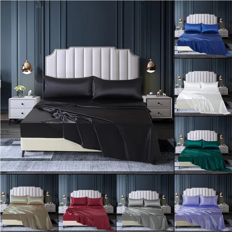 Silk Satin Summer Sheet Set (flat sheet + bedsheet with corners + pillow) Solid Color Twin Full Queen Size