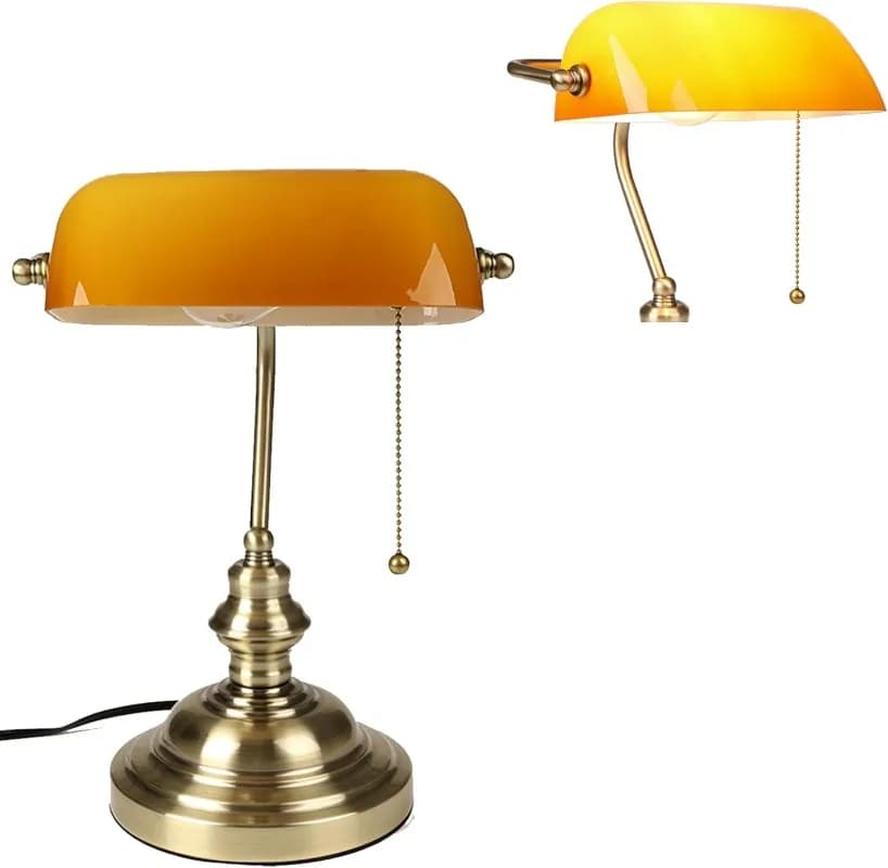 FIRVRE Bankers Desk Lamp with Pull Chain Switch, Amber Glass Shade Desk Lamps, Bronze Base,Vintage Library Lamp for Home Office