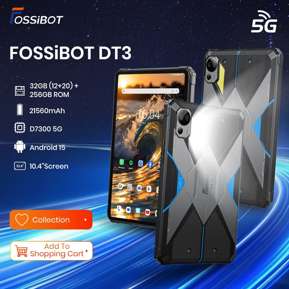 FOSSiBOT DT3 5G Tablet robusto Tablet Android 15, fino a 32 GB + 256 GB ROM, ricarica rapida da 66 W Display da 10,4 pollici, batteria da 2160 mAh NFC FaceID