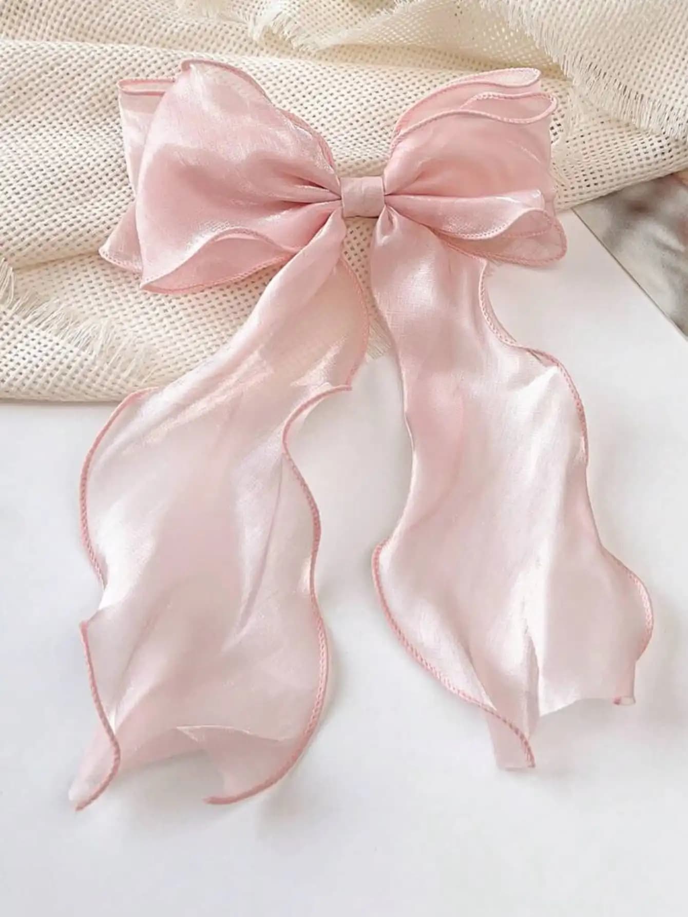 Fresh Pale Yellow Mesh Oversized Bow Wavy Ribbon Spring Clip Elegant Gentle Half-Up Hair Clip Hair Accessory