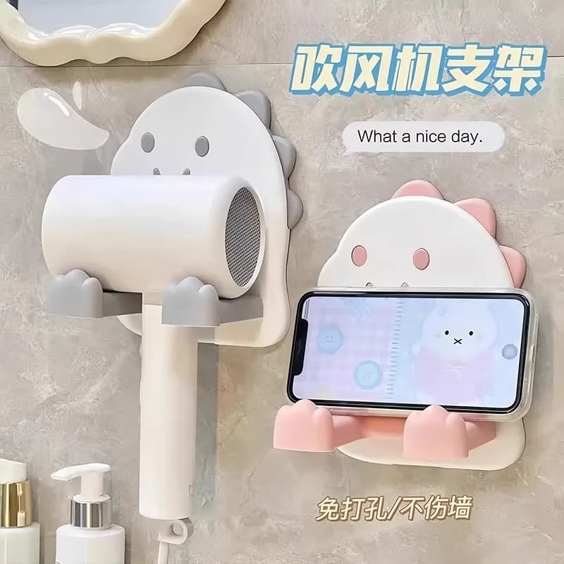 Cute Dinosaur Hair Dryer Holder Wall Mounted No Drilling Bathroom Organizer With Phone Shelf Blow Dryer Stand