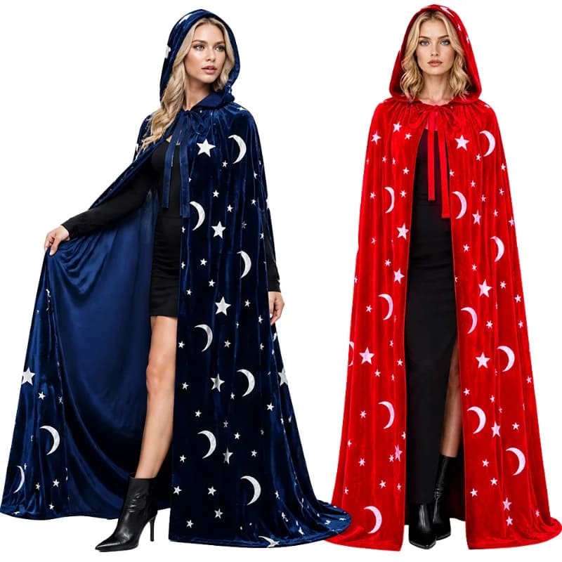 Halloween Magician Cloak unisex Red Witch Robe Starry Moon Golden Velvet Cloak Role Playing Festival Performance Supplies