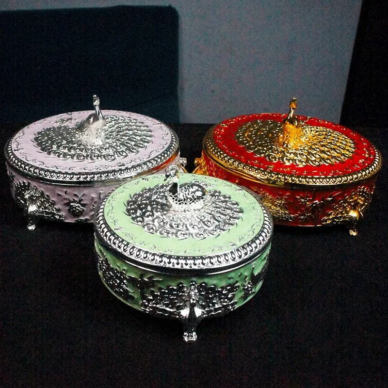 Metal Painted Jewelry Box, Handmade Round Peacock Dried Fruit Plate. Inner Plastic Environmentally Friendly Material Ornaments