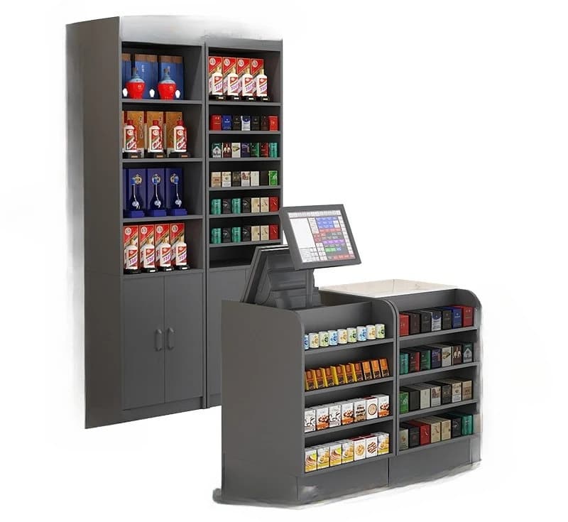 Pagina di cassa del supermercato Combinazione di armadietti per tabacoli e vino Comodo vetro angolare per bar lastra di roccia