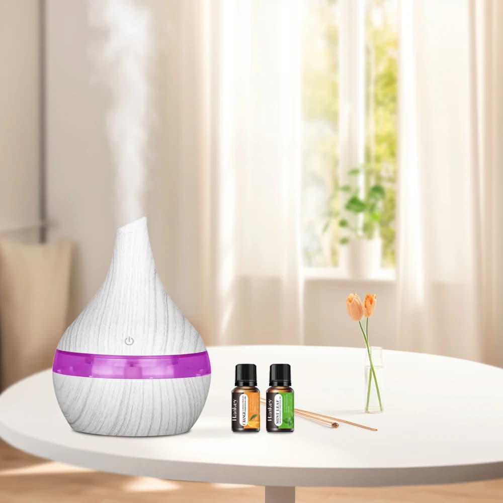 Diffusore di olio essenziale per umidificatore a grana di legno 2 in 1 (300ml) idratazione Desktop USB con 2 oli aromatici