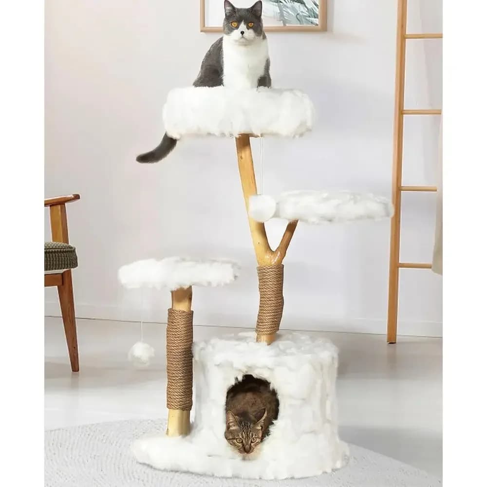 Elegant White Wooden Cat Tree Tower with Spacious Condo and Multiple Perches