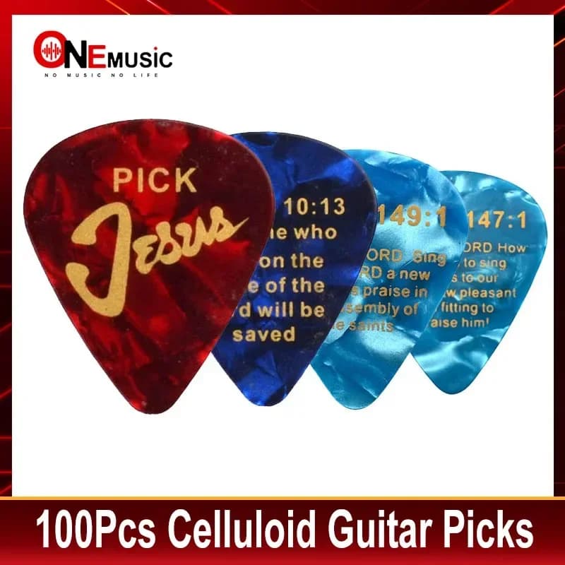 Plettri per chitarra in celluloide da 100 pezzi con JESUS Romanzi 10:13, Salmo 149:1, Salmo 147:1 0,71 MM