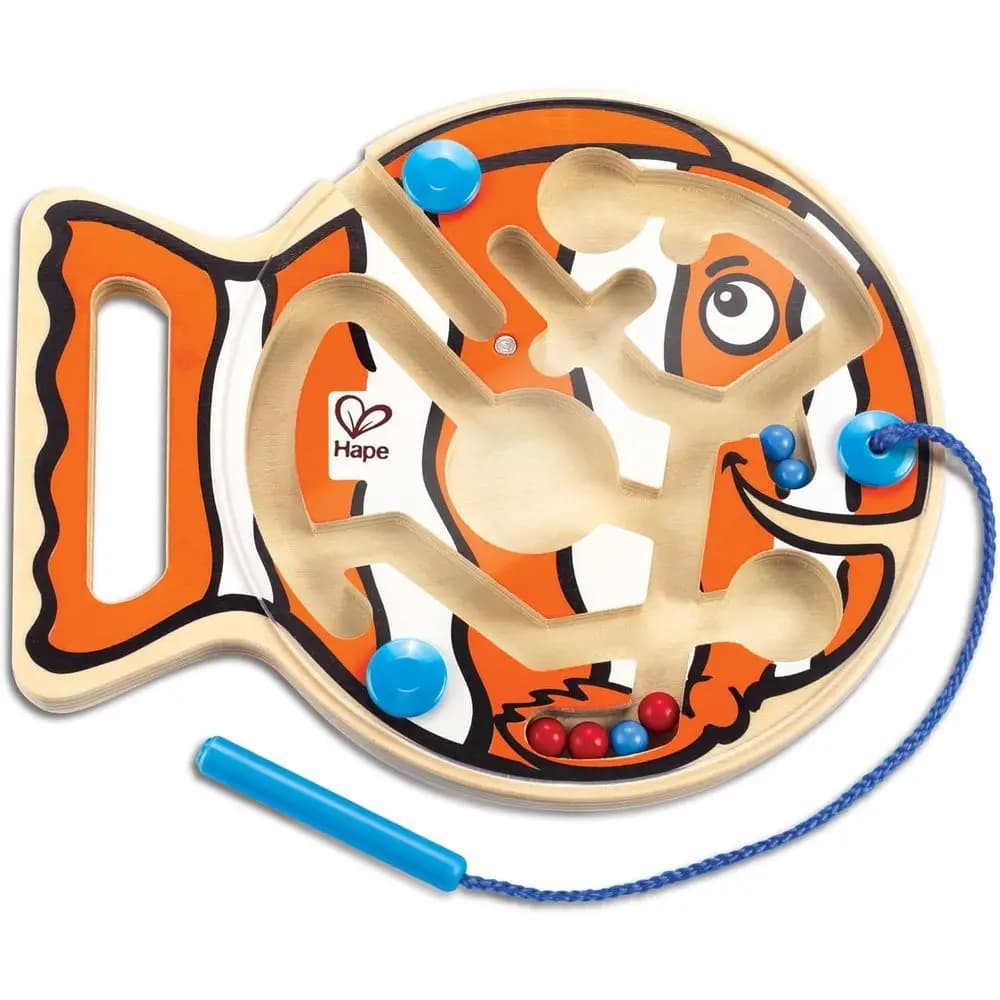 Hape Go-Fish-Go Maze Puzzle Magnetic Wooden Bead Happy Clown Fish Educational Travel Toy Game for Toddlers and Kids, Orange and