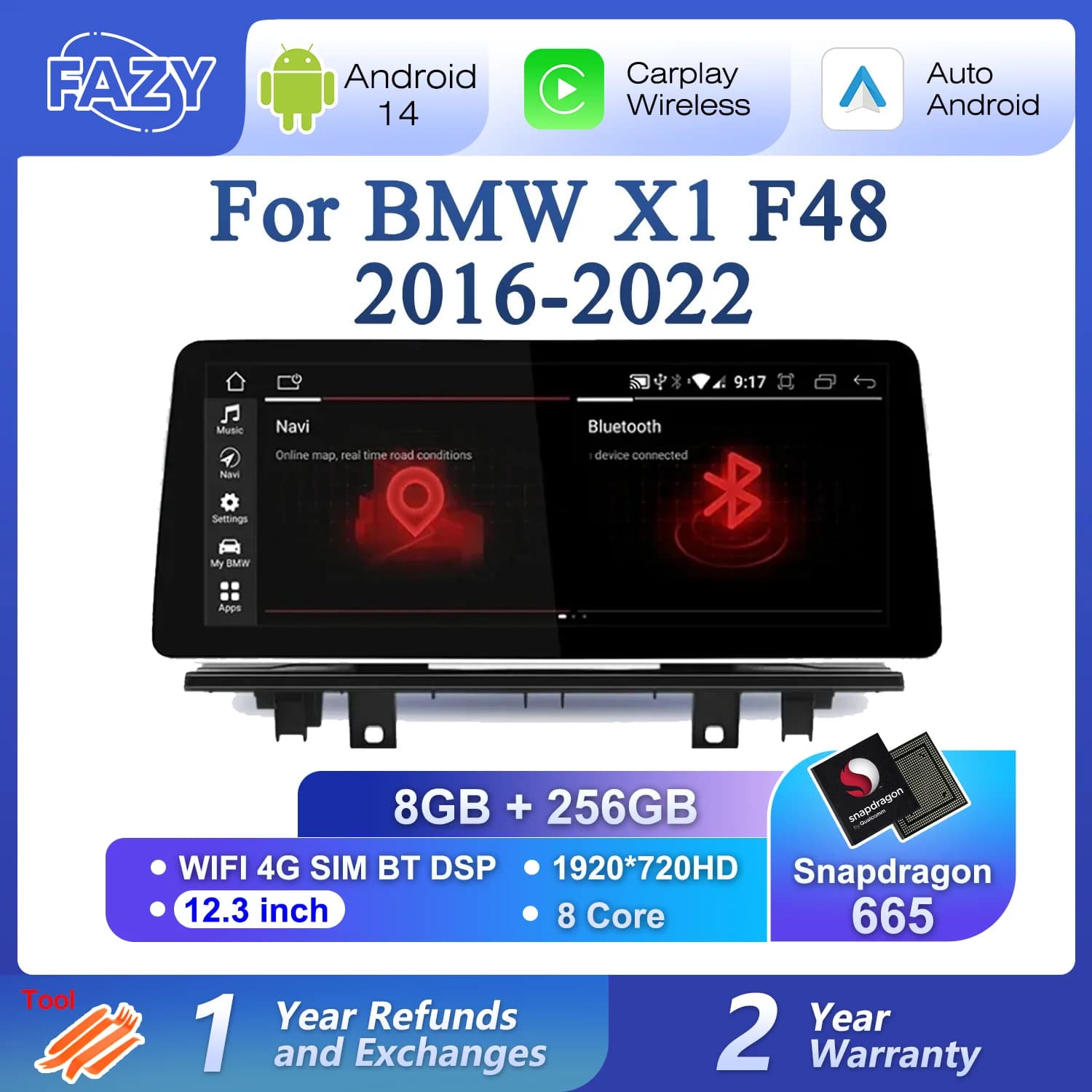 Autoradio Android 14 da 12.3'' con CarPlay per BMW X1 X2 F48 2016-2022 NBT EVO, Lettore Multimediale con DSP, Navigazione GPS, 4G WiFi