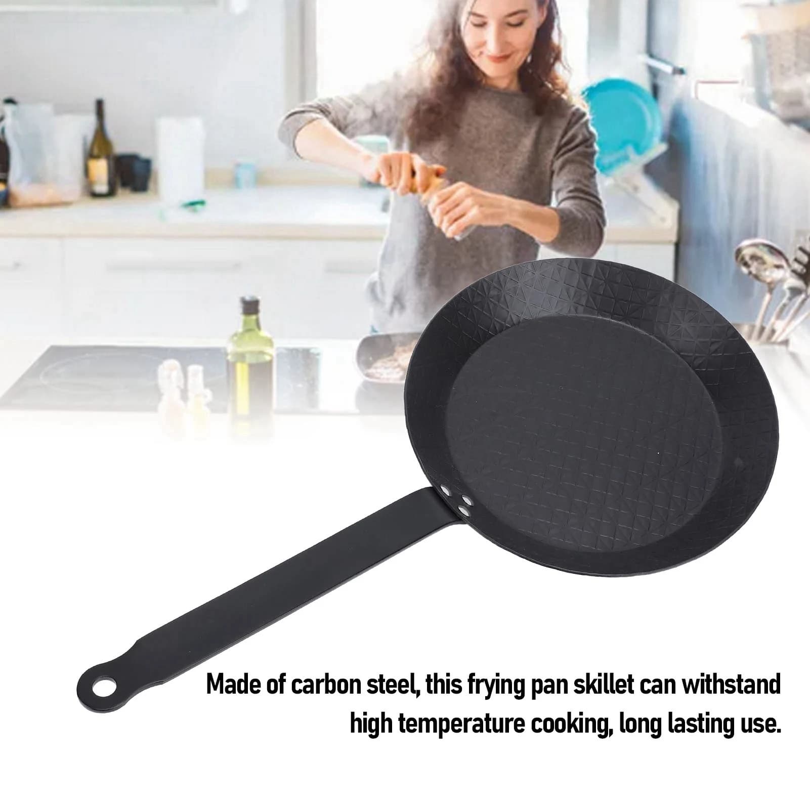 Padella in acciaio al carbonio antiaderente, facile da pulire, resistente al calore, impugnatura comoda, senza fumo, compatta per uso interno