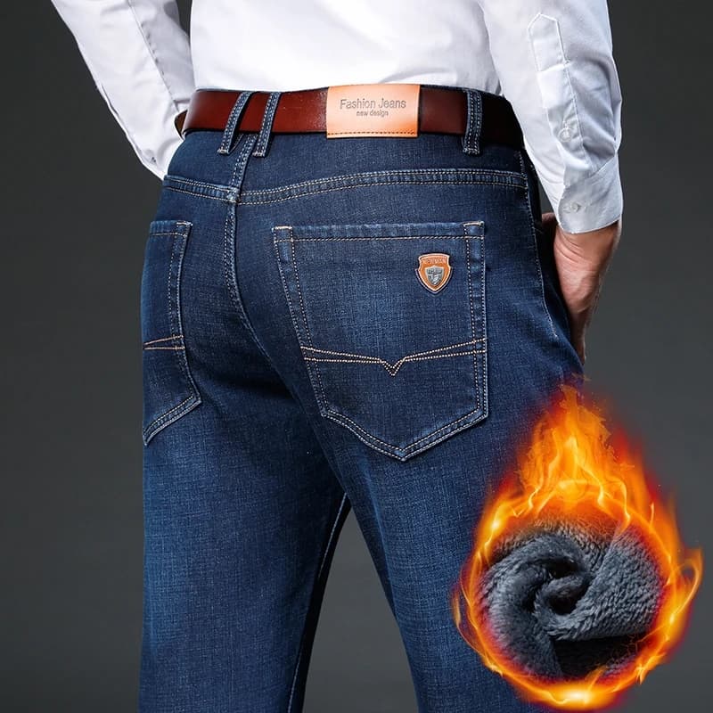 Jeans invernali in lana da uomo Business Casual Pantaloni in denim slim elasticizzati classici Retro Patch Shield Abbigliamento da uomo classico